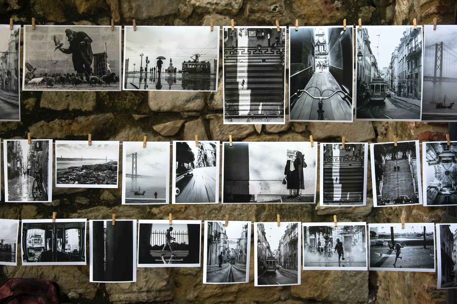 Black-and-white photos displayed on three lines with clothespins