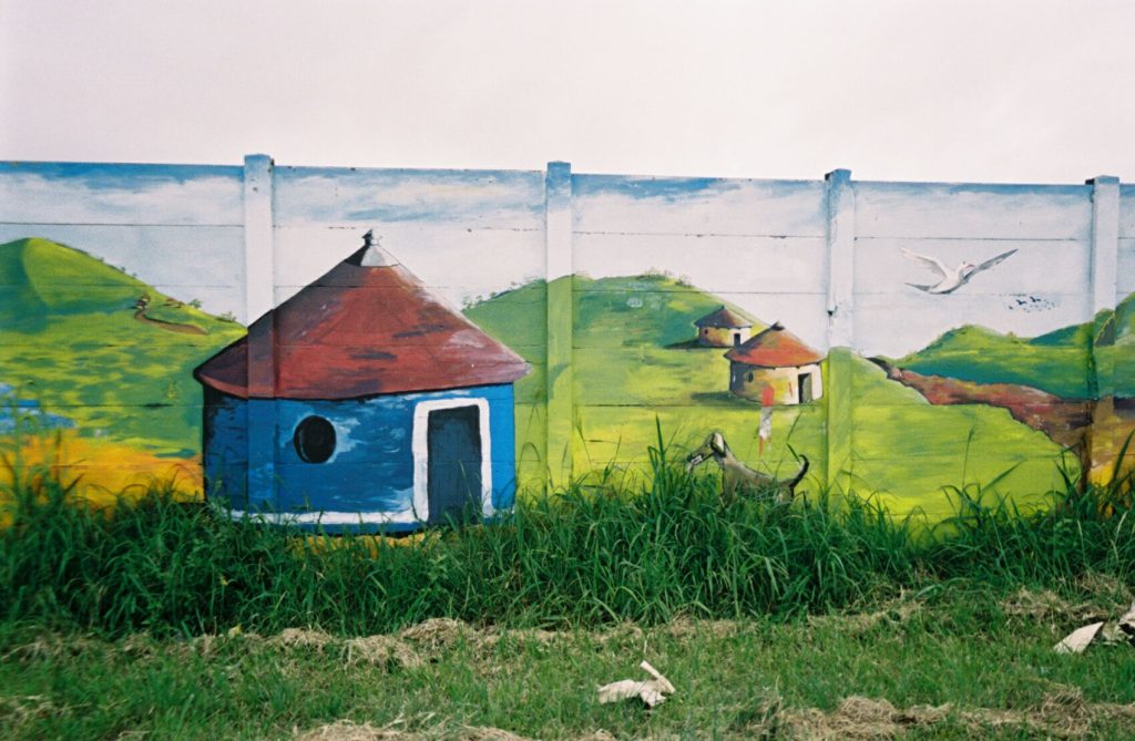 Wall mural depicting village homes and grassy areas