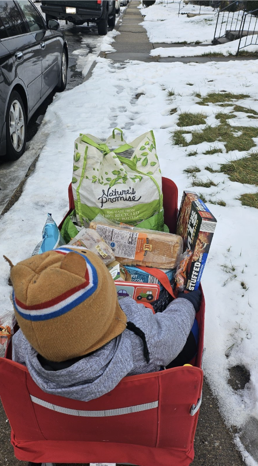 Child sitting in a red wagon with food. The sidewalk in front on the wagon is covered in snow and difficult to move forward